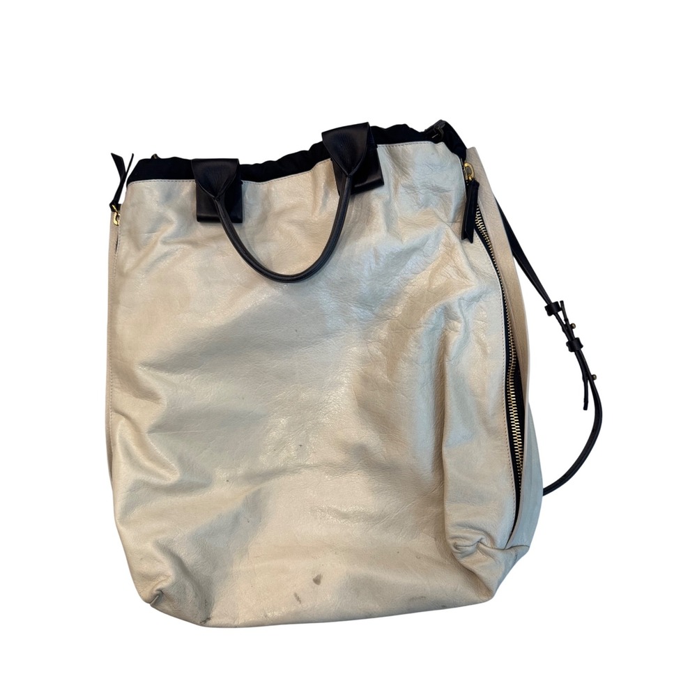 Lanvin Paris Leather Bow Accent Hobo Bag Cream Black Gold Hardware